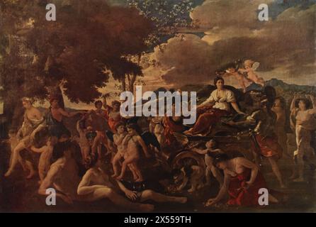 The Triumph of Flora" by Nicolas Poussin, painted circa 1630, housed at the Louvre Museum, Paris, France. Poussin, one of the foremost figures of the classical French Baroque, depicts the Roman goddess Flora, the goddess of flowers and the season of spring, celebrating her dominion with a procession of nymphs and other deities. Banque D'Images