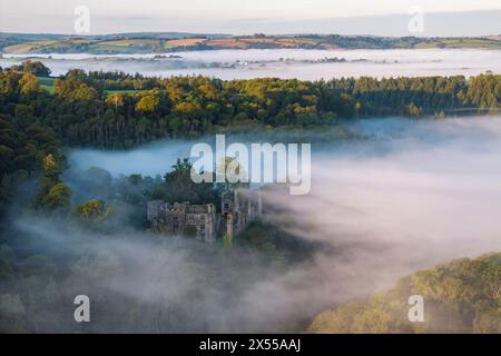 Les ruines du château Berry Pomeroy émergeant de la brume tourbillonnante, South Devon, Angleterre. Automne (septembre) 2023. Banque D'Images