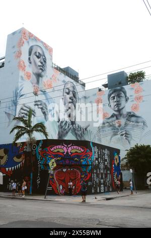 Célèbres peintures murales colorées sur les murs de la rue du quartier de Wynwood. Explorer la culture artistique à Miami, Floride. Banque D'Images