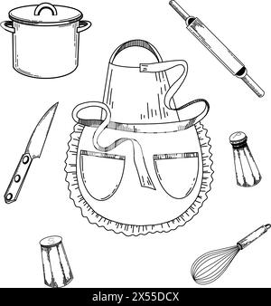 Illustration pour la cuisine. Tablier de cuisson, couteau, rouleau à pâtisserie pour la pâte, salière et poivrière, fouet pour fouetter. Les objets sont dessinés en noir Illustration de Vecteur