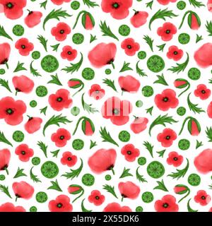 Modèle sans couture de fleurs de pavot et de feuilles sur fond blanc. Dessin numérique. Beau design d'impression pour papier, textile. Banque D'Images