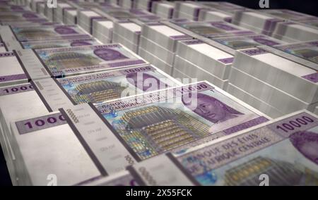 Afrique centrale franc CFA argent Cameroun Tchad Congo Gabon pack 3d illustration. 10000 piles de paquets de billets XAF. Concept de finance, cash, économie cr Banque D'Images