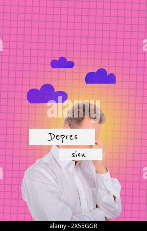 Collage photo vertical de gars contrarié tenir tête nuages dépression automne fatigue humeur dépressive isolé sur fond peint Banque D'Images