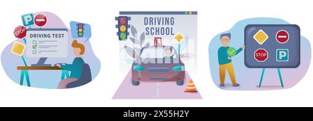 Collection d'illustrations de leçons de conduite. Les gens qui étudient en auto-école et réussissent les examens. Règles de circulation. Panneaux de signalisation routière. Enseignement et leçon de conduite. VE Illustration de Vecteur