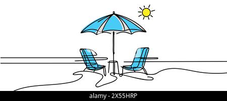 Parasol et deux chaises dans un dessin au trait continu. Illustration de Vecteur