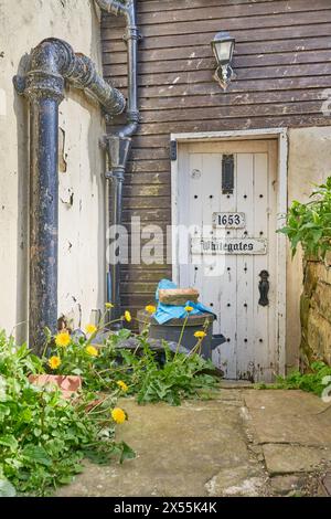 Mauvaises herbes poussant dans un chemin rustique par une vieille porte Banque D'Images