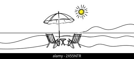 Parasol et deux chaises dans un dessin au trait continu. Illustration de Vecteur