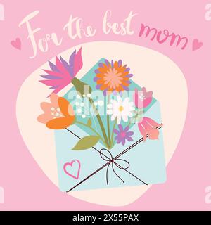 Bouquet de fleurs dans une enveloppe. Carte postale pour la fête des mères. Pour le meilleur lettrage maman. Carte de dessin à la main pour les mères dat. Une image élégante et un style plat Illustration de Vecteur