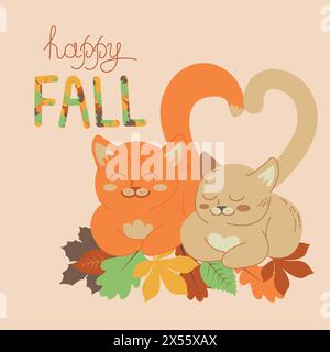 Chats mignons avec des feuilles d'automne. Chats endormis mants sur un fond de feuilles d'automne. Lettrage Happy Fall. Carte postale décorative dans le style plat de dessin animé. WA Illustration de Vecteur