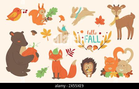 Ensemble d'automne, animaux de la forêt style dessiné à la main. Champignons, feuilles, lettrage, nourriture pour le festival des récoltes ou le jour de Thanksgiving. Charactrs d'automne mignons - ours Illustration de Vecteur