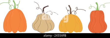 Ensemble de citrouilles dans des couleurs chaudes d'automne. Légumes d'automne. Eléments de design d'automne pour affiches, invitations, couvertures, bannières, brochures et écriteaux. VE Illustration de Vecteur