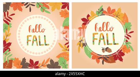 Hello Fall cartes de voeux avec différentes feuilles d'automne. Carte avec feuilles dans un style plat sur fond orange avec espace pour le lettrage et le texte. Vecteur Illustration de Vecteur