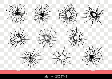 Trous de balle dans le verre brisé avec des fissures rayonnant sur les côtés après le tir de pistolet. Surface de fenêtre brisée avec des dommages causés par le tir avec une mitrailleuse pour tentative de meurtre. Gribouille dessinée à la main Illustration de Vecteur