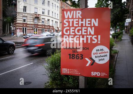 Wahlplakat zur Wahl AM 9.6.24 06.05.2024 HohenheimerStr. Wahlwerbung der Partei SPD Stuttgart Baden-Württemberg Deutschland *** affiche électorale pour l'élection du 9 6 24 06 05 2024 HohenheimerStr publicité électorale du parti SPD Stuttgart Baden Württemberg Allemagne Banque D'Images