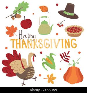 Ensemble d'éléments de Thanksgiving. Ensemble vectoriel d'éléments d'automne avec dinde, citrouille, maïs, chapeau de pèlerin, tarte, pomme et feuilles. Joyeux jour de Thanksgiving. Ha Illustration de Vecteur