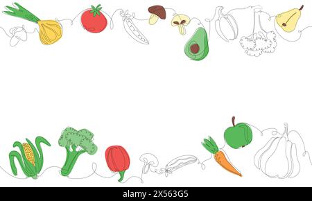 Contour simple et cadre coloré avec des légumes, des fruits et un espace vide pour le texte. Arrière-plan vectoriel. Style d'illustration à une ligne. Cadre avec des aliments biologiques. CAN Illustration de Vecteur