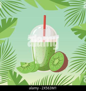 Jus de kiwi ou cocktail dans une tasse en plastique avec capuchon sphérique et tube à cocktail. Jus pressé frais. Illustration vectorielle sur fond dégradé et fra Illustration de Vecteur