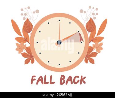 Concept de repli dans le style plat, changer l'horloge en arrière d'une heure, l'heure d'été se termine la bannière de rappel Web. Horloges avec main de flèche tournant en arrière d'un hou Illustration de Vecteur