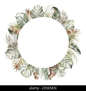 Couronne de feuilles d'aquarelle tropicale et de fleurs exotiques. Banque D'Images