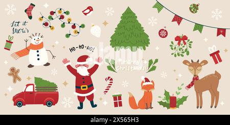 Ensemble d'éléments de Noël avec le personnage de Santa, renard, arbre de Noël, cadeaux, décor abstrait de Noël et de nouvel an, boules, oiseau, flocons de neige, cerf, bonhomme de neige Illustration de Vecteur