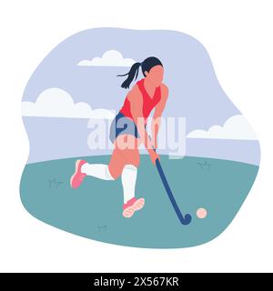 Fille jouant au hockey sur herbe. Illustration vectorielle isolée sur fond blanc. Compétition de hockey sur gazon. Concept sport. Dessin animé pour affiche, Illustration de Vecteur