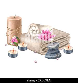Serviette éponge soigneusement enroulée, bougie de cire de soja pilier avec arc de corde de jute, bougies chauffe-plat, pyramide de pierres d'équilibrage, nénuphar, perles. Dessiné à la main Banque D'Images
