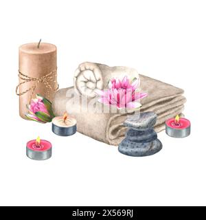 Serviette éponge soigneusement enroulée, bougie de cire de soja pilier avec arc de corde de jute, bougies de lumière de thé, pyramide de pierres d'équilibrage, fleur de nénuphar. Dessiné à la main Banque D'Images