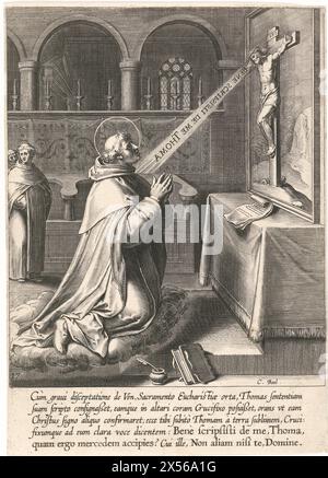 Saint Thomas d'Aquin parlant à un crucifix, Cornelis Boel, d'après Otto van Veen, 1610 - présenté Thomas d'Aquin demande au Christ un signe qu'il a écrit la vérité sur lui dans une de ses œuvres. Le crucifix pour lequel il prie lui parle et le fait léviter. Tirage tiré d'une série de 30 tirages qui dépeignent l'histoire de la vie de Thomas d'Aquin. Banque D'Images