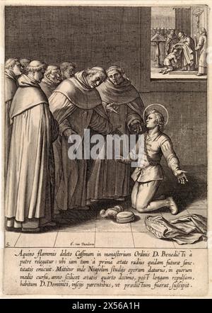 Thomas d'Aquin rejoint l'ordre dominicain, Egbert van Panderen, après Otto van Veen, 1610- intérieur avec le jeune Thomas d'Aquin agenouillé devant un groupe de moines d'habitude dominicaine. En arrière-plan une scène où un manteau est mis sur lui. Dans la marge une légende de cinq lignes en latin. Cinquième tirage d'une série de trente tirages qui dépeignent l'histoire de la vie de Thomas d'Aquin. Banque D'Images