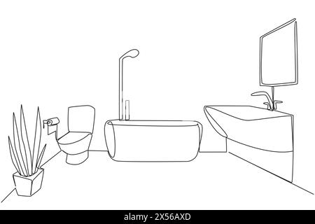 Salle de bains simple à dessin d'une ligne dans l'emplacement de staycation. Mini baignoire. Design minimaliste élégant. Propre et clair. Maintenir la propreté et cleanline Illustration de Vecteur