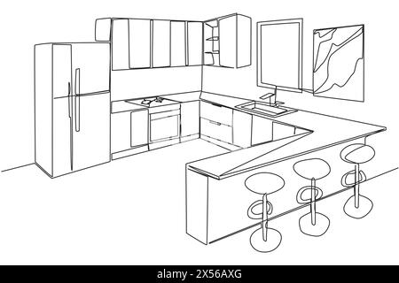 Simple dessin d'une ligne cuisine élégante avec mobilier moderne complet. Un endroit pour manger dans le style mini bar. Entièrement meublé. Cuisine moderne qui est très cle Illustration de Vecteur