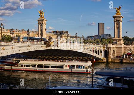 Le Pont Alexandre III, bateau de tourisme, Seine, Paris, France Banque D'Images