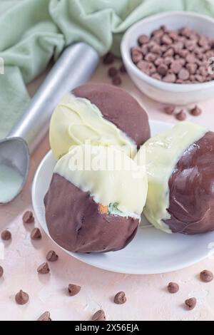Sandwichs à la crème glacée recouverts de chocolat noir et blanc, crème glacée aux pépites de chocolat à la menthe, sur plaque blanche, verticale Banque D'Images