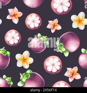 Motif sans couture de fleurs de mangoustan et de plumeria violettes. Fruit aquarelle tropicale, illustration de fleur isolée sur fond. Pour les designers, spa dec Banque D'Images