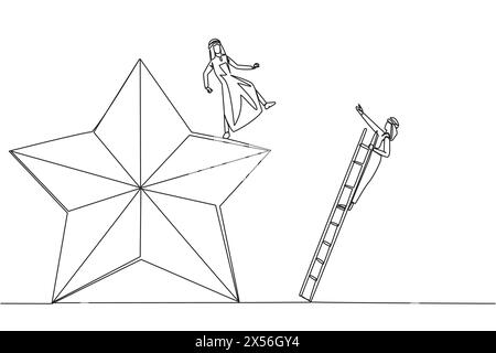 Continue d'une ligne dessinant un homme d'affaires arabe donne des coups de pied à l'adversaire qui grimpe l'étoile avec une échelle. Faire tomber les adversaires de la réalisation du même rêve. Illustration de Vecteur