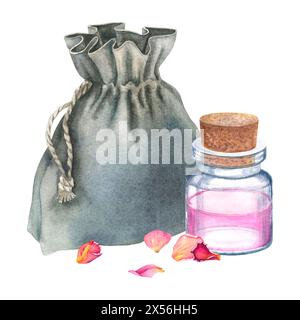 Pochette en tissu fermé gris attachée avec une bouteille en verre de corde d'eau de rose avec bouchon en bois et pétales séchés d'une rose rose. Aquarelle dessinée à la main Banque D'Images