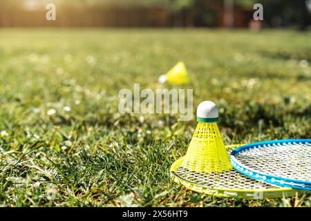 Deux raquettes de badminton et volant sur l'herbe verte. Activité sportive estivale. Banque D'Images