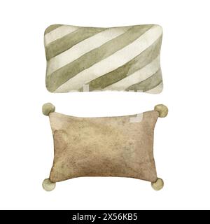 Illustration aquarelle d'oreillers en textile doux en marron et vert pour différents intérieurs. Illustration isolée dessinée à la main pour l'intérieur des enfants, Banque D'Images