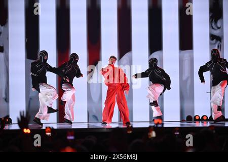 Malmö, SUÈDE 20240507Silvester Belt représentant la Lituanie avec la chanson 'Luktelk' lors de la première demi-finale de la 68e édition de l'Eurovision Banque D'Images