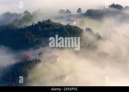 Le brouillard. Ferme Basque. Aizkorri Aratz Parc Naturel. Mont Aloña. Arantzazu. Oñati. Gipuzkoa. Pays Basque. L'Espagne. Banque D'Images