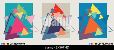 Modèles de couvertures géométriques abstraites ou affiches avec des triangles multicolores. Présentations graphiques vectorielles. Couleurs CMJN Illustration de Vecteur