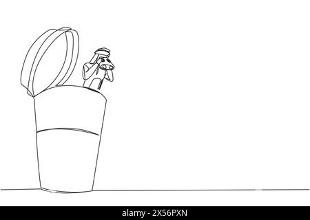 Un trait continu dessinant un homme d'affaires arabe apparaît hors d'une tasse de papier à la recherche de quelque chose à travers des jumelles. En attente d'un collègue lors de l'achat c Illustration de Vecteur