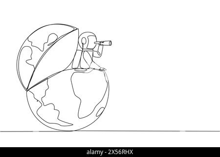 Une ligne continue dessinant astronaute émerge du globe chercher quelque chose avec des jumelles. Mettez en surbrillance l'emplacement de l'expédition. Préparation à partir de Illustration de Vecteur