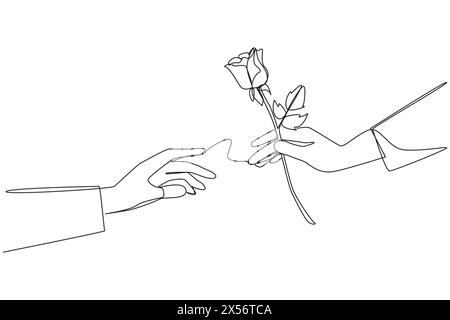 Une seule ligne continue dessinant la main d'un homme donne une rose à une femme. Essayer de faire la moindre chose romantique. Faire de la séduction. Couple romantique. RELA Illustration de Vecteur
