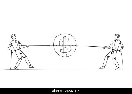 Simple une ligne dessinant deux hommes d'affaires se battant pour une pièce avec un symbole dollar. Rivaliser pour le moindre profit. Pour une meilleure vie professionnelle. Bonus Illustration de Vecteur