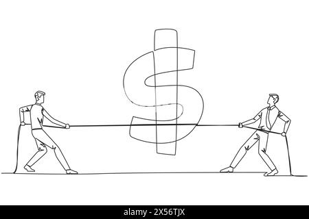 Continu une ligne dessinant deux hommes d'affaires se battant sur le symbole du dollar. Équilibrer les dépenses et les recettes. Ne sois pas négligent de dépenser de l'argent dans le bus Illustration de Vecteur