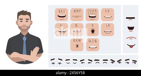 Création d'avatar homme d'affaires adapté à l'animation. Générateur, constructeur de divers yeux, lèvres, expressions d'émotion animation buccale et synchronisation labiale. M Illustration de Vecteur