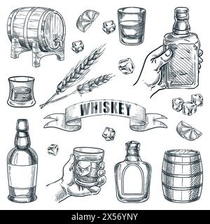 Bouteilles de whisky, barils et verres vecteur illustration dessinée à la main. Éléments de conception pour le menu de boissons alcoolisées de pub et de bar Illustration de Vecteur