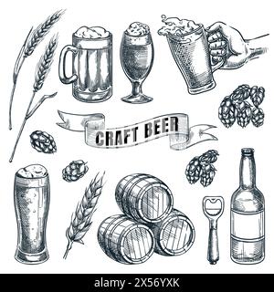 Bière artisanale et vecteur de brasserie illustration d'esquisse dessinée à la main. Des bouteilles, des tonneaux et des verres dessinent des éléments pour le menu des boissons alcoolisées de pub et de bar Illustration de Vecteur