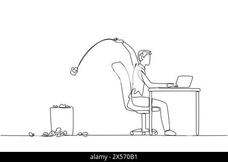 Simple une ligne dessinant homme d'affaires tapant à un bureau de travail jetant des tampons de papier dans la poubelle. N'a pas une idée claire de la progression de l'entreprise. Stag Illustration de Vecteur